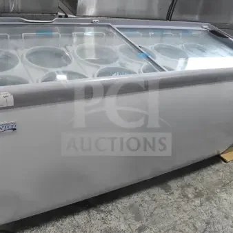 Brand new Avantco commercial chest freezer merchandiser, 115V, 1 phase, with minor scratches and dents, visible model label.