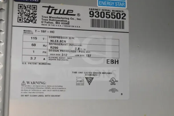 2018 True T-19F-HC commercial freezer on casters. 115 Volts, 1 Phase. Features R290 refrigerant, Energy Star certified.