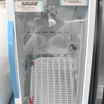Accucold ARG3PV Mini Cooler Merchandiser, 110 Volts, clear door, fan, shelving, warning labels visible, excellent condition.