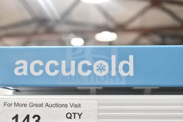 Accucold ARG3PV Mini Cooler Merchandiser, model ARG3PV. Blue panel with "accucold" logo. 110 Volts, 1 Phase.