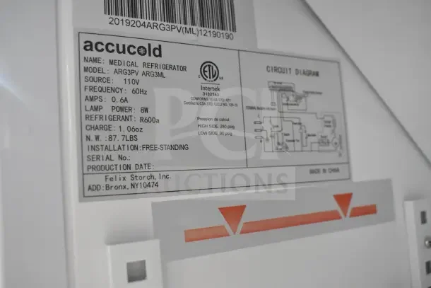 Accucold ARG3PV Mini Cooler label details voltage, refrigerant type, power specs, CE marking, and location info.