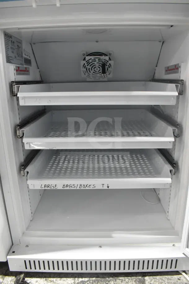 Accucold ARG6PV Mini Cooler Merchandiser, 110 Volts, 1 Phase, white interior with three perforated shelves, labeled for large bags/boxes.