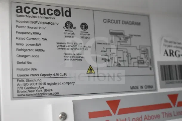 Accucold ARG6PV Mini Cooler Merchandiser label showing model, power specs, and capacity. Made in China.