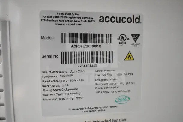 2022 Accucold ACR82L single door cooler merchandiser label, showing model, serial number, voltage, and refrigerant details.