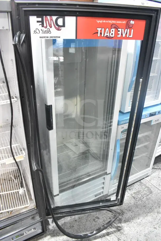 2017 True GDM-12-HC-LD single door reach-in cooler, glass front, 115V, 1 phase, used condition, live bait label.