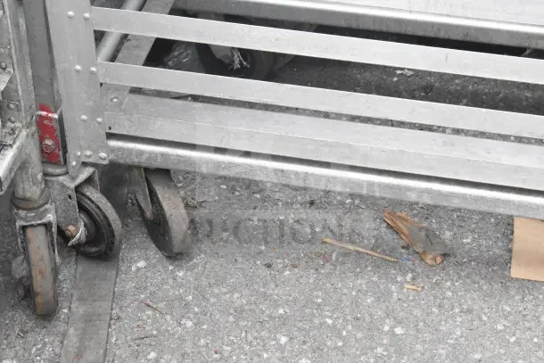 2 Commercial pan transport racks on wheels, metal construction, used condition, scratches and wear visible.