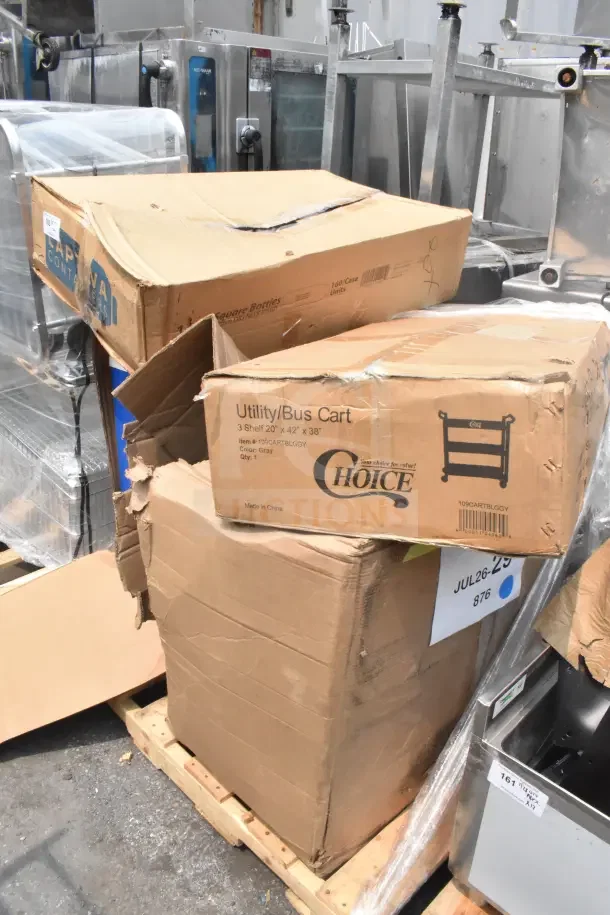 Boxes of new items, including an exhaust fan and Choice utility bus cart, slight box damage, located on a pallet.
