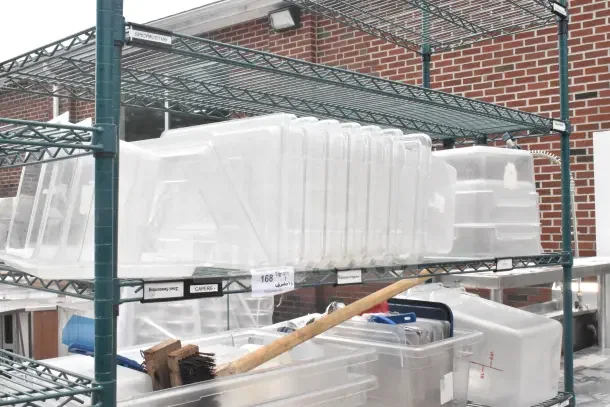 Green 5-tier wire shelving unit on commercial casters, includes clear storage bins. Buyer must dismantle; freight charges apply.