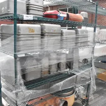 Green Finish 6 Tier Wire Shelving Unit on Commercial Casters w/ Contents Including Drop In Bins. BUYER MUST DISMANTLE. PCI CANNOT DISMANTLE FOR SHIPPING. PLEASE CONSIDER FREIGHT CHARGES.