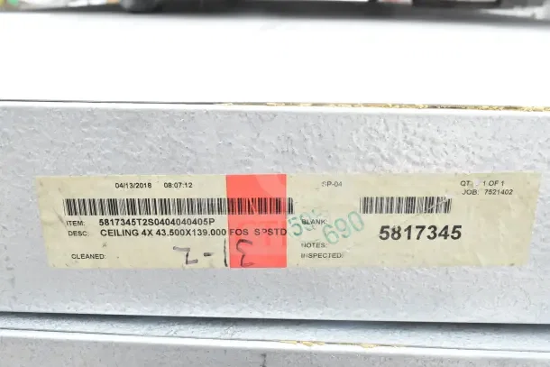 "Walk In Box with Evaporator Fan label; reads item 5817345, desc 43.500x139.000. Dated 04/13/2018, job 7521402."
