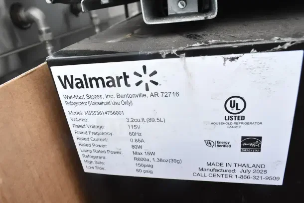 Four mini coolers, including Galanz and LG, 115 volts, 1 phase. Label on unit showing specs: 3.2 cu.ft., 60Hz, 80W.