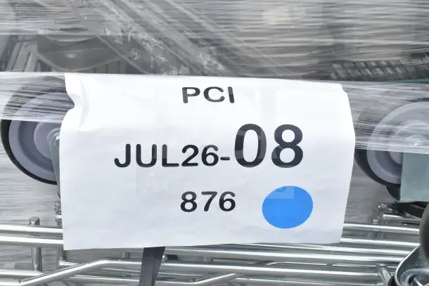 5 brand new Regency supermarket shopping carts, 6.3 cu. ft., scratch and dent condition. Tag: PCI JUL26-08, 876.