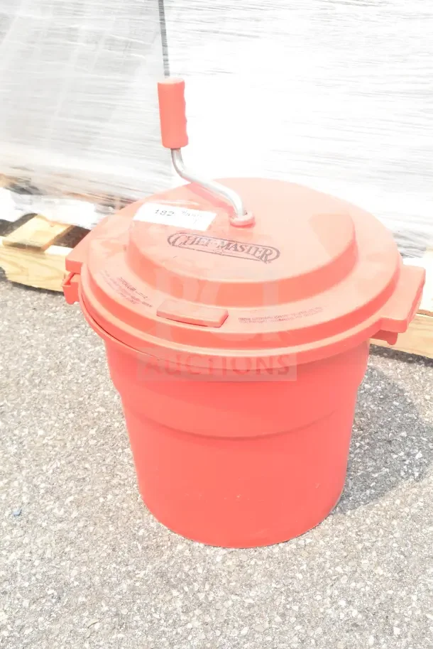 Chef Master red poly lettuce spinner, used condition, features sturdy construction with a hand crank, labeled lid.