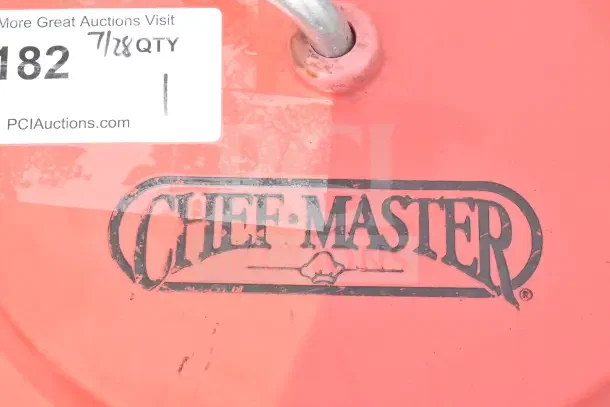 Chef Master Red Poly Lettuce Spinner with visible brand logo and auction label, showing light wear.