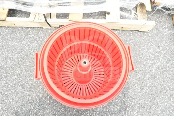 Chef Master red poly lettuce spinner, durable plastic, top view, excellent condition, ideal for salads.