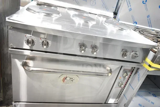 Brand new 2025 Cooking Performance Group ER36-240-1 36" electric range, 6 burners, standard oven, 240V, 1 phase, minor dents.