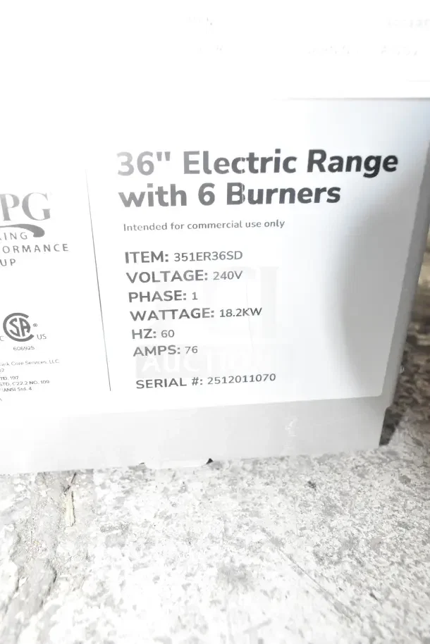 BRAND NEW 2025 Cooking Performance Group 36" 6-Burner Electric Range, Model 351ER36SD, 240V/1 Phase, serial #2512011070.