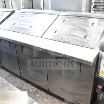 2018 True TSSU-72-30MB-ST-HC sandwich salad prep table, stainless steel, three-section, good condition.