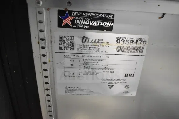 Label on 2018 True TSSU-72-30MB-ST-HC Prep Table showing model, serial number 9358470, 115V, 1 phase, R290 refrigerant.