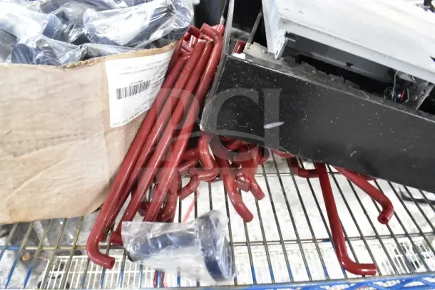 Metro Style 3 Tier Shelving Unit on casters, includes red hardware and cash drawer on shelves. Buyer dismantles for pickup.