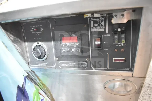 BK Industries commercial floor style pressure fryer control panel with thermostat, buttons, and switches. Good condition.