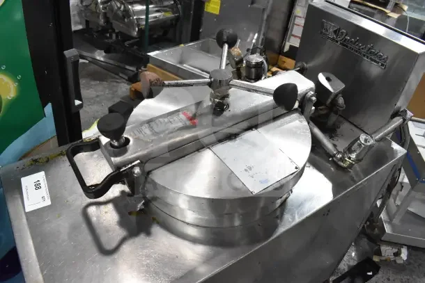 BK Industries commercial pressure fryer on casters, stainless steel, lever controls, visible model tag, robust design.