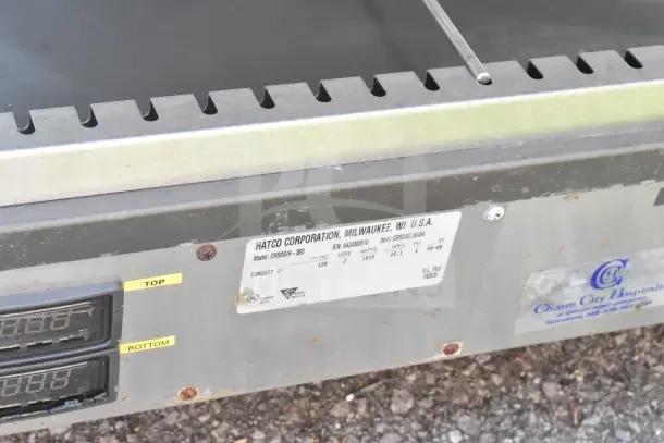 Hatco GRSDS/H-36D two-tier heated display merchandiser, 120 volts, with visible labels showing model and specs.