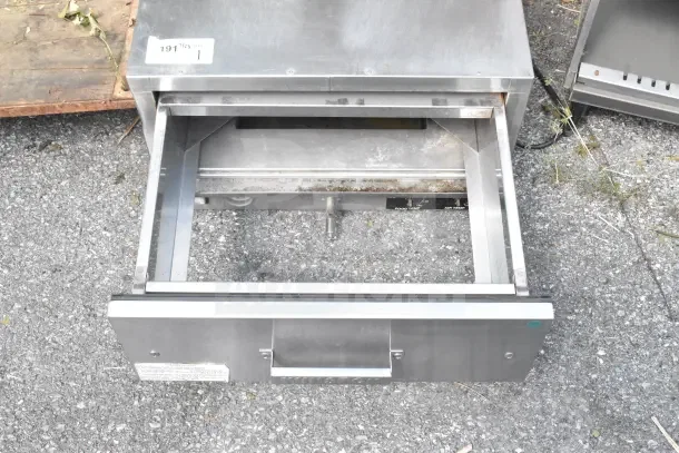 Winston HB35DITE Commercial Warming Drawer, open, stainless steel, 120V, visible label with model and settings.