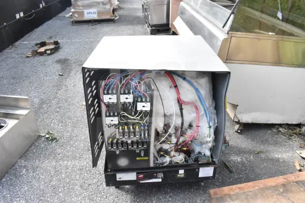 Brand new Hatco S-36 water booster heater, 208V, 3-phase. Visible internal wiring, minor scratches and dents.
