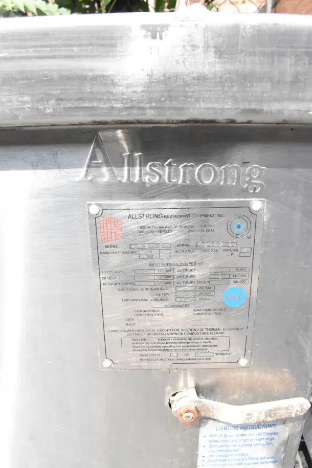 Allstrong ARE1 commercial single burner wok range, natural gas, no legs. Features visible label and model details.