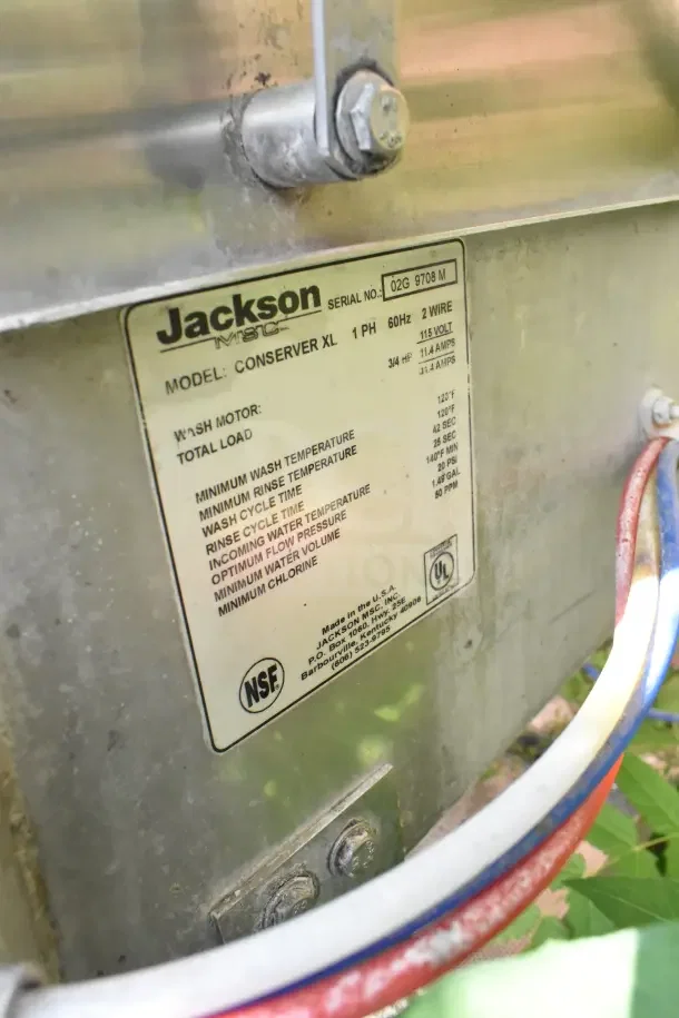 Jackson Conserver XL commercial dishwasher label, 115V, 1 phase, showing specifications and NSF certification.