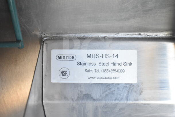 Label of MixRite MRS-HS-14 stainless steel hand sink, NSF certified, sales contact, www.atosausa.com.