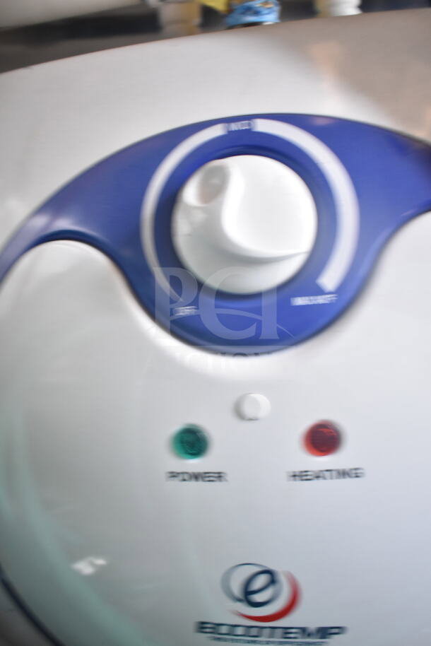 Eccotemp electric water heater control panel with power and heating indicators, showing an off position setting.
