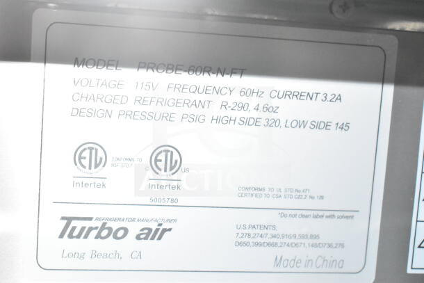Label showing Turbo Air refrigerator details: Model PRCBE-60R-N-FT, 115V, 60Hz, R-290 refrigerant, ETL certified.