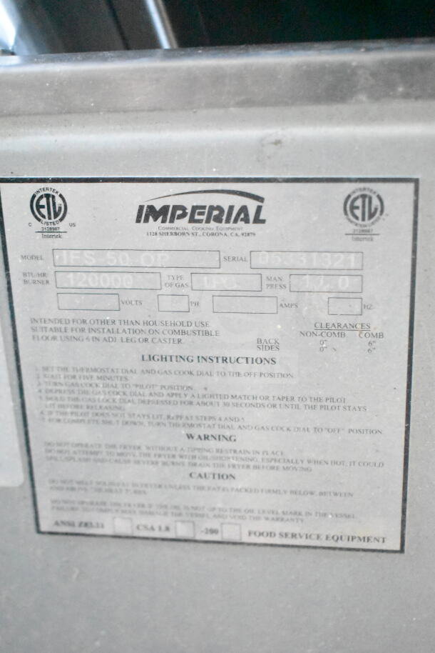Imperial gas fryer label with model IFS-50-OP, 120,000 BTU, LPG type, ETL listed, food service equipment instructions.