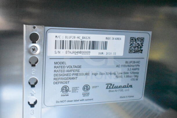 Blue Air refrigeration label on 2021 Rock Solid Cargo food trailer, model BLUF28-HC, voltage 115V, made in Korea.