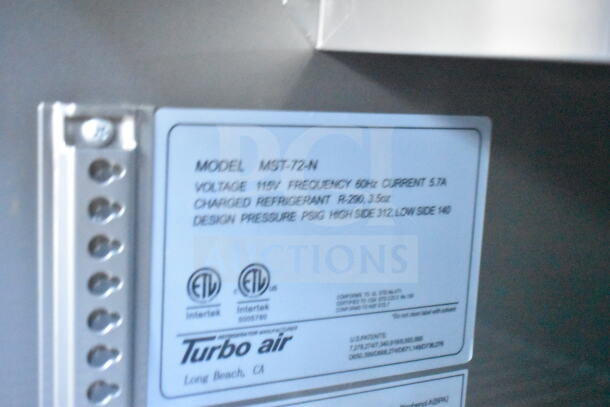 Turbo Air label displaying model MST-72-N, 115V, 60Hz, 5.7A details, and refrigerant R-290, 3.5oz. Includes ETL Intertek certification.
