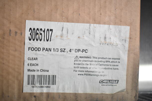 Label on cardboard box for Carlisle food pans, 1/3 size, 4" deep, clear, set of 6, made in China. Includes BPA warning.