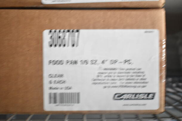 Label showing Carlisle food pan specifications, including size and item code, on cardboard packaging. Made in USA.