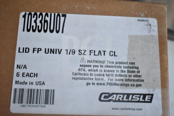 Cardboard box with a label showing "Carlisle" branding, product code 10336U07, and BPA warning. Made in USA.