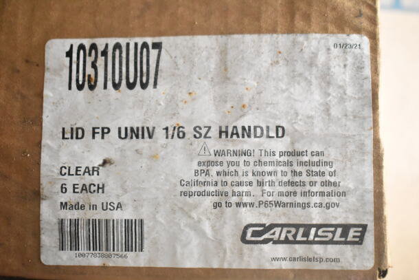 Label on packaging for Carlisle clear lids, model 10310U07, 1/6 size, handle, 6 pack, warning of BPA exposure.