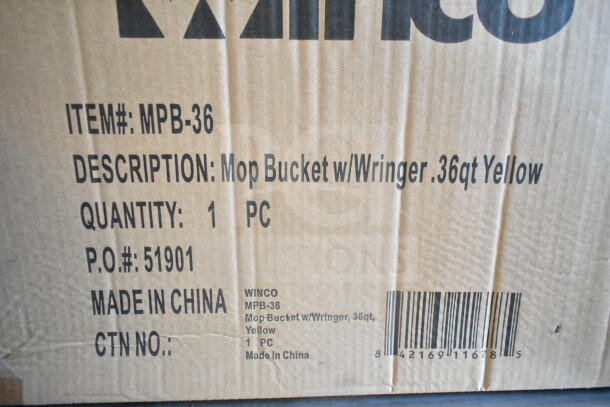 Cardboard box with label showing "Mop Bucket w/Wringer .36qt Yellow," item #MPB-36. Made in China by Winco.