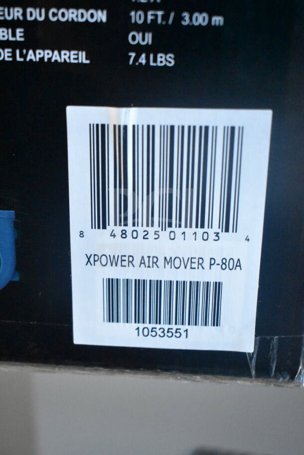Sticker on a product box showing barcodes, the text "XPOWER AIR MOVER P-80A," and details like weight and dimensions.