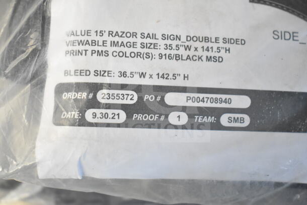 Label showing order details for a 15' Razor Sail Sign, double-sided, with specified dimensions and color.