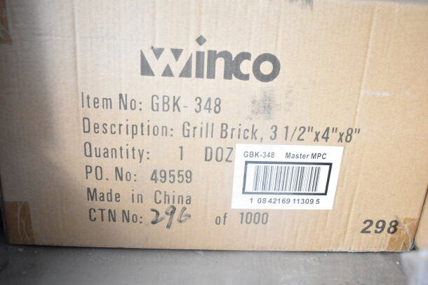 Cardboard box labeled Winco, Item No: GBK-348, Description: Grill Brick 3.5"x4"x8", Quantity: 1 Dozen, Made in China.