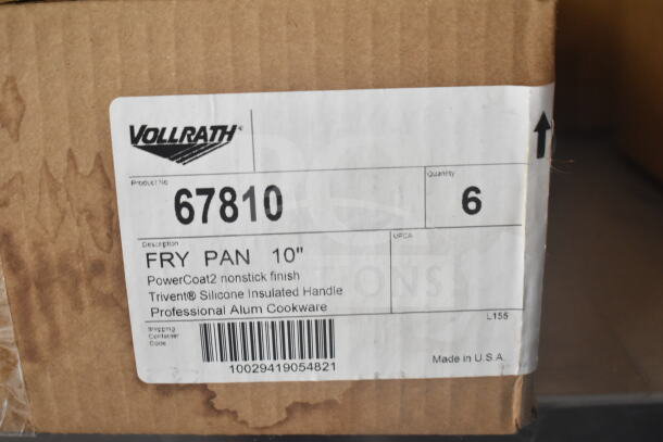 Label on a cardboard box for Vollrath Fry Pan 10" with PowerCoat2 nonstick finish and silicone insulated handle. Product No. 67810. Made in U.S.A.