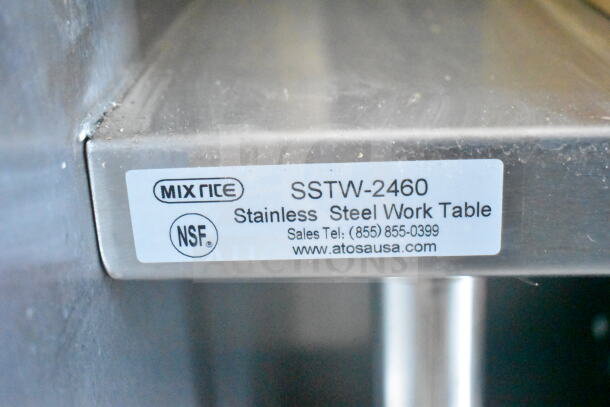 MixRite SSTW-2460 stainless steel work table label, NSF certified, featuring contact info and website.