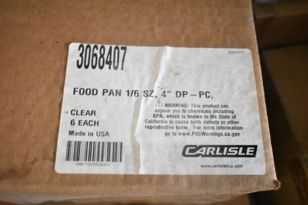 Cardboard box with label showing Carlisle Food Pan 1/6 Size, 4" Deep, Clear, 6 Each, made in USA, with safety warning.