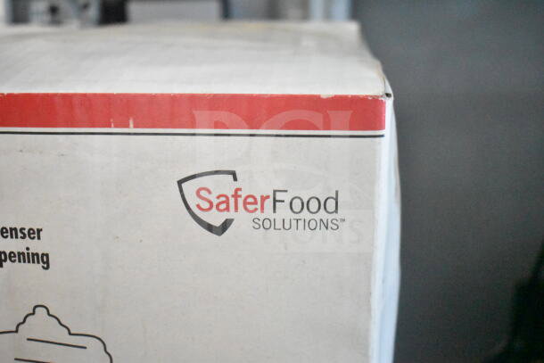 Cardboard box corner with "Safer Food Solutions" logo in black and red. White background and red stripe.