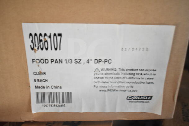 Cardboard box label showing "Food Pan 1/3 SZ, 4" DP-PC, Clear, 6 Each, Made in China," plus BPA warning and barcode.